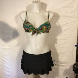 1817 NWT Bikini Bay CTBL Green Plume Push-up Top w/Black Ruffle Swim Skirt